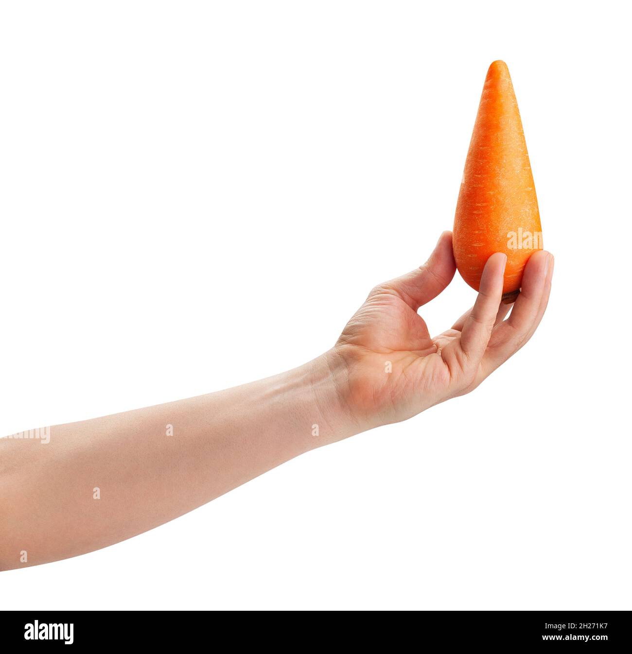 carota in mano sentiero isolato su bianco Foto Stock