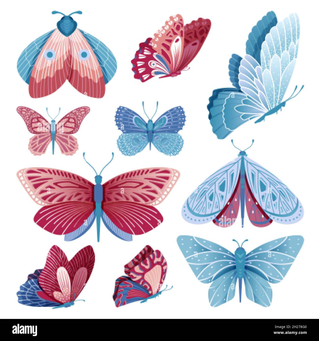 Collezione di farfalle. Farfalla di volo, isolato multicolore e insetto blu. Vintage Moth, elementi decorativi artistici. Natura selvaggia vettore swanky Illustrazione Vettoriale
