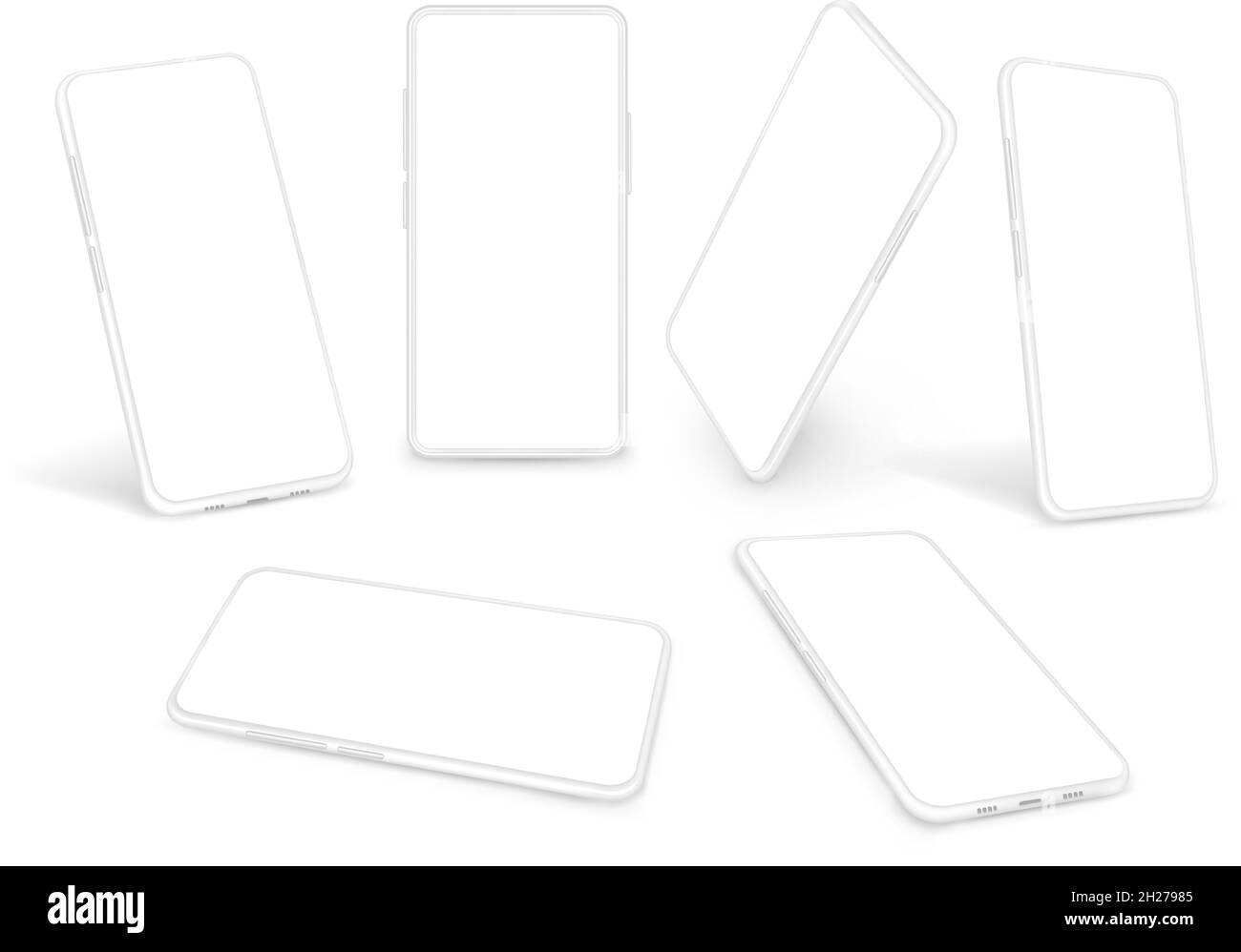 Modello smartphone bianco. Gadget pubblicità mockup, clitpart cellulare pulito. Telefoni cellulari 3d isolati, smart Technologies Exact Vector Set Illustrazione Vettoriale