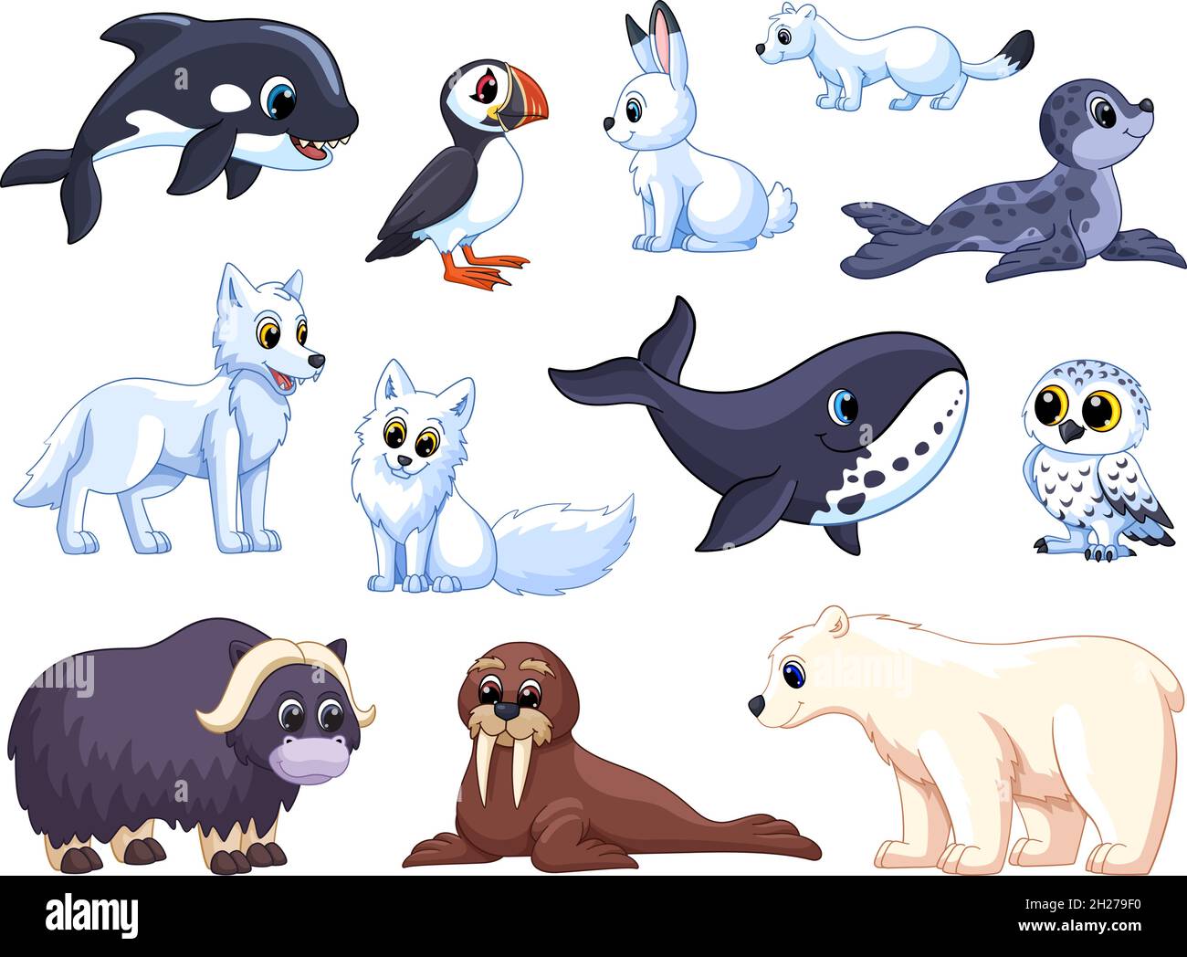 Animali artici. Fumetto lupo polare, tundra animale. Orso bianco e volpe, guarnizione fredda carina. Inverno isolato bambino garish vettore nord polo caratteri Illustrazione Vettoriale