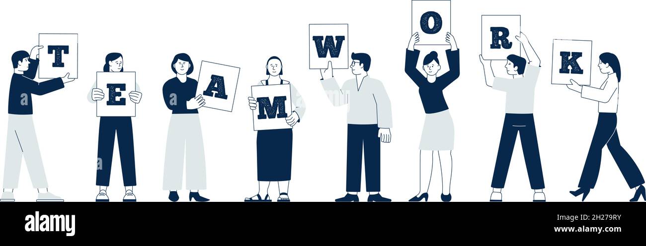 Lavoro di squadra insieme. Team art progetto, persone collaborare. Team di lavoro di avvio aziendale, comunicazioni dei lavoratori. Caratteri vettoriali recenti del personale dell'ufficio Illustrazione Vettoriale
