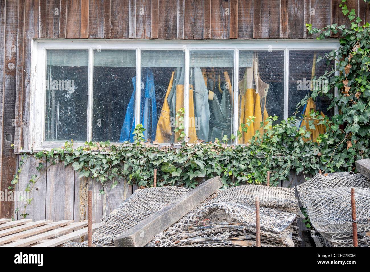 Una capanna nel quartiere del coltivatore di ostriche a Cap Ferret sul Bassin d'Arcachon. Foto Stock