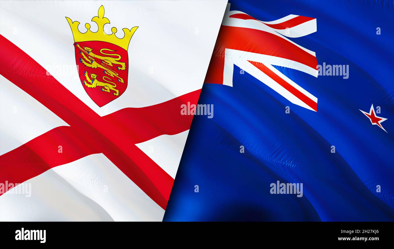 Bandiere Jersey e Nuova Zelanda. Progettazione di bandiere ondulate 3D. Bandiera del New Zealand Jersey, foto, carta da parati. Immagine Jersey vs Nuova Zelanda, rendering 3D. Jersey, New Foto Stock