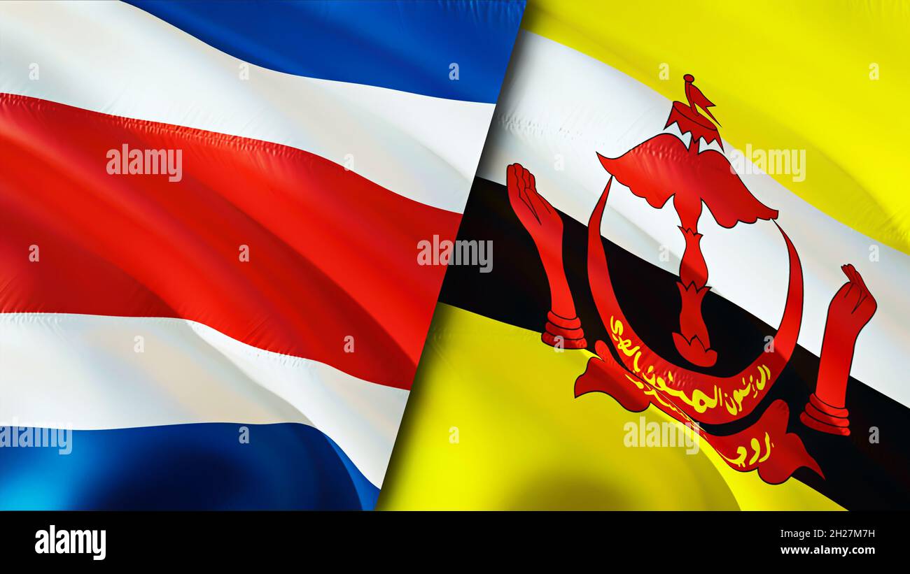 Bandiere Costa Rica e Brunei. Progettazione di bandiere ondulate 3D. Costa Rica bandiera Brunei, foto, carta da parati. Costa Rica vs immagine Brunei, rendering 3D. Costa Rica Fr Foto Stock