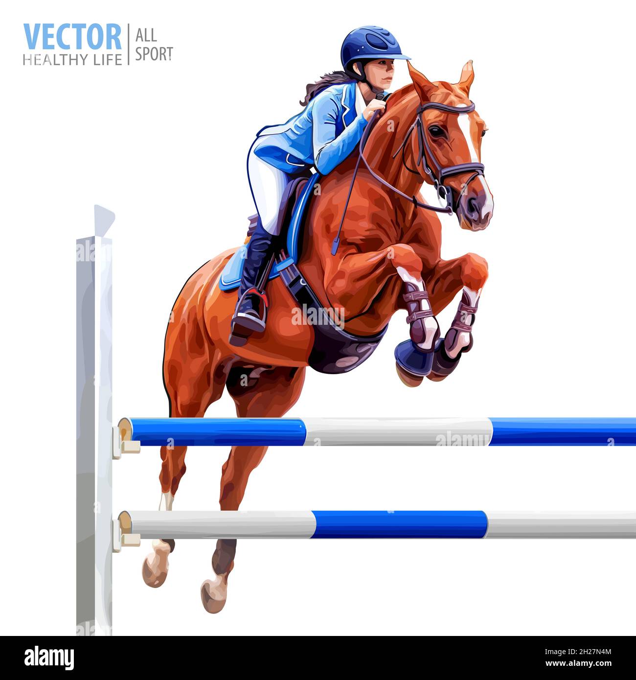 Jockey a cavallo. Campione. Equitazione. Sport equestre. Jockey cavallo salto cavallo. Poster. Sfondo sportivo. Isolato. Illustrazione vettoriale Illustrazione Vettoriale