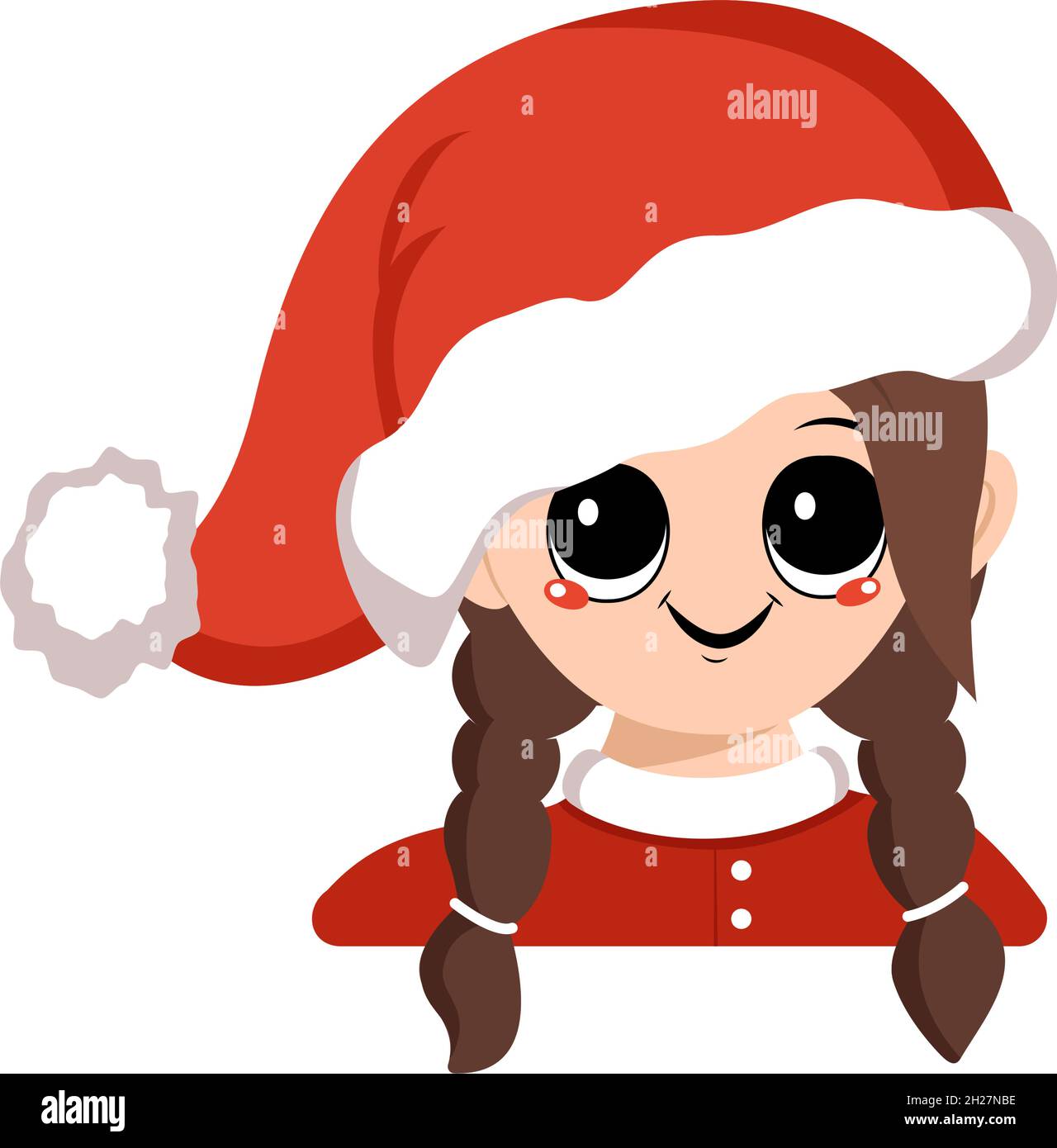 Ragazza con occhi grandi e ampio sorriso felice in rosso Santa Hat. Carino capretto con faccia gioiosa in costume festivo per Capodanno e Natale. Capo di adorabile bambino con gioie emozioni Illustrazione Vettoriale