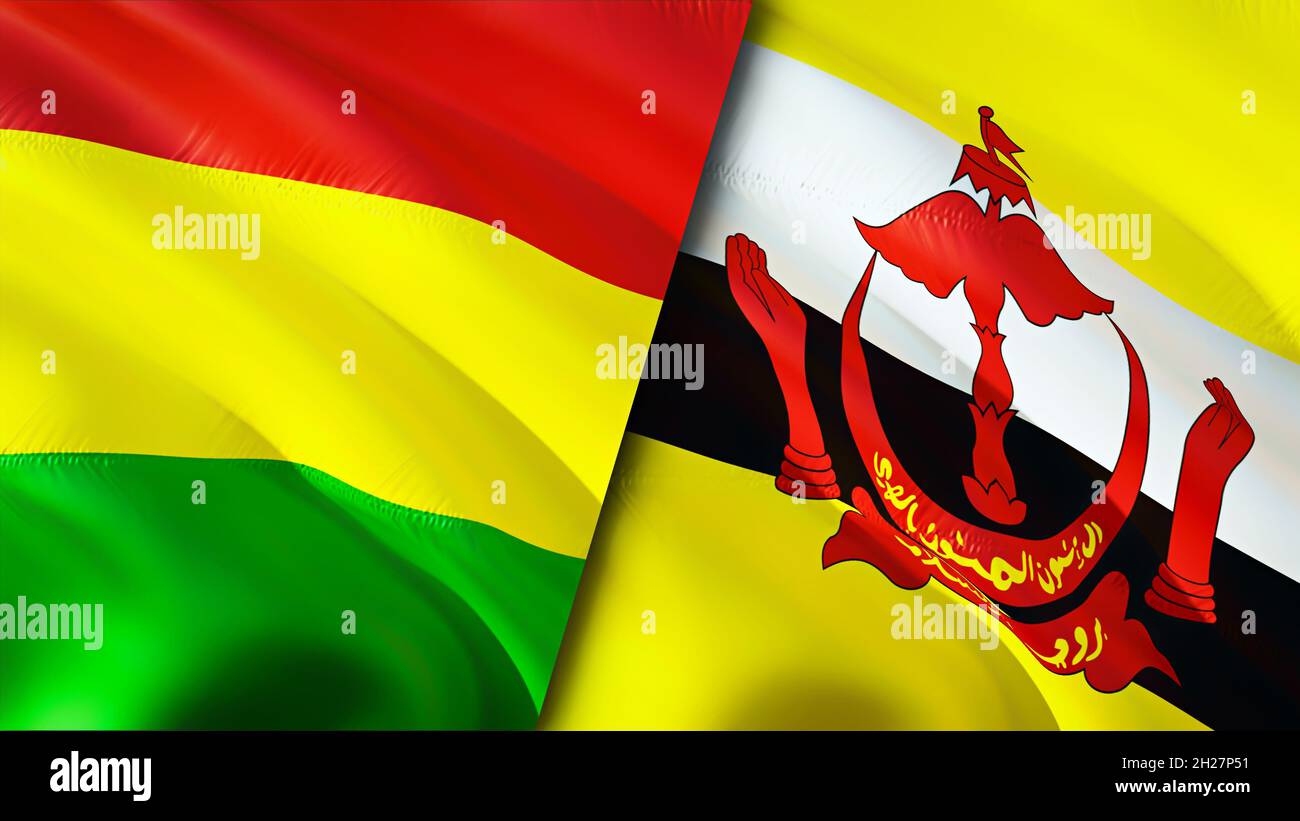 Bandiere della Bolivia e del Brunei. Progettazione di bandiere ondulate 3D. Bolivia bandiera Brunei, foto, carta da parati. Immagine Bolivia vs Brunei, rendering 3D. Bolivia Brunei relatio Foto Stock