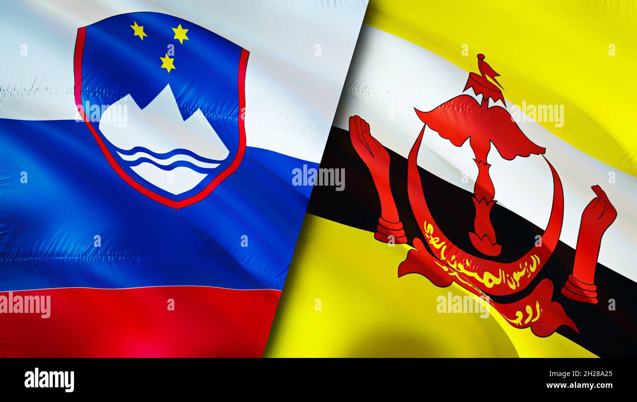 Bandiere Slovenia e Brunei. Progettazione di bandiere ondulate 3D. Slovenia bandiera Brunei, foto, carta da parati. Immagine Slovenia vs Brunei,rendering 3D. Slovenia Brunei rel Foto Stock