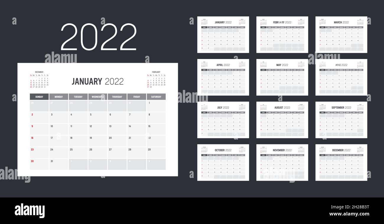 Calendario mensile anno 2022. La settimana inizia domenica. Modello vettoriale. Illustrazione Vettoriale