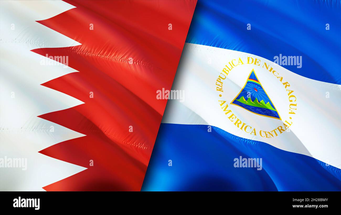 Bandiere del Bahrein e del Nicaragua. Progettazione di bandiere ondulate 3D. Nicaragua Bahrain bandiera, foto, carta da parati. Immagine Bahrain vs Nicaragua, rendering 3D. Bahrein Nicar Foto Stock