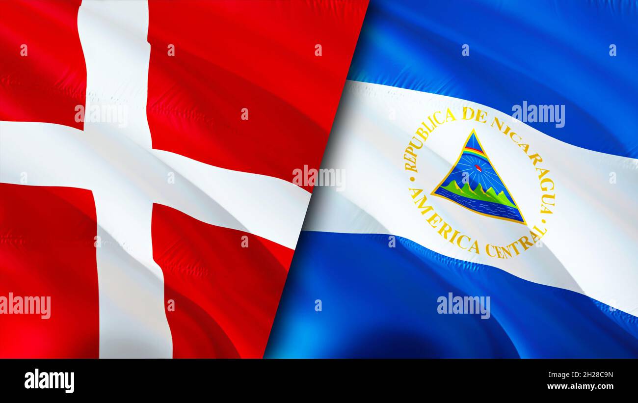 Bandiere di Danimarca e Nicaragua. Progettazione di bandiere ondulate 3D. Nicaragua Danimarca bandiera, foto, carta da parati. Immagine Danimarca vs Nicaragua, rendering 3D. Danimarca Nicar Foto Stock