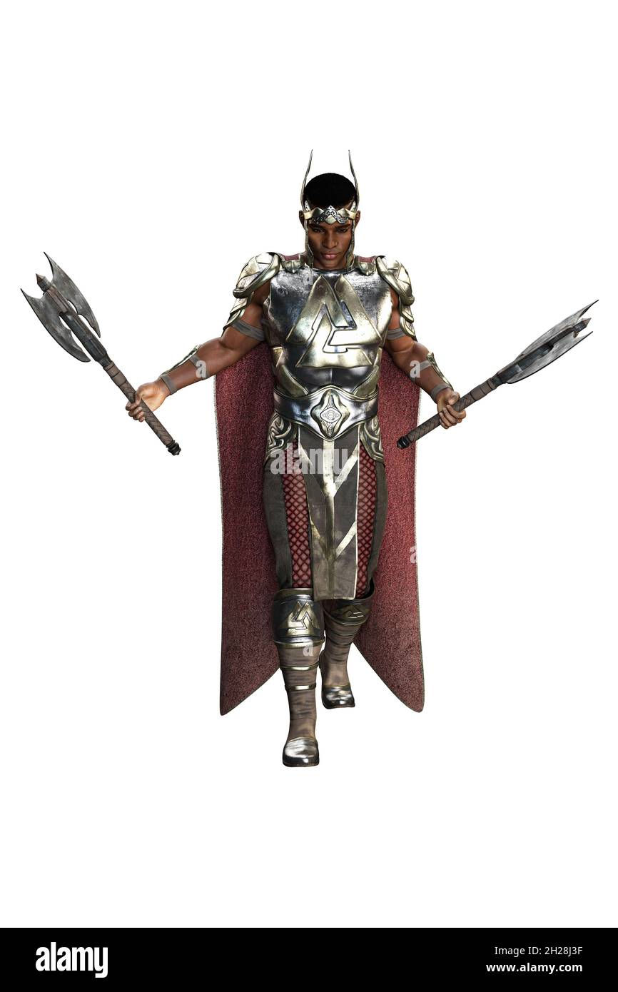 Medieval Fantasy POC Warrior King Man con spada su sfondo bianco isolato, illustrazione 3D, rendering 3D Foto Stock