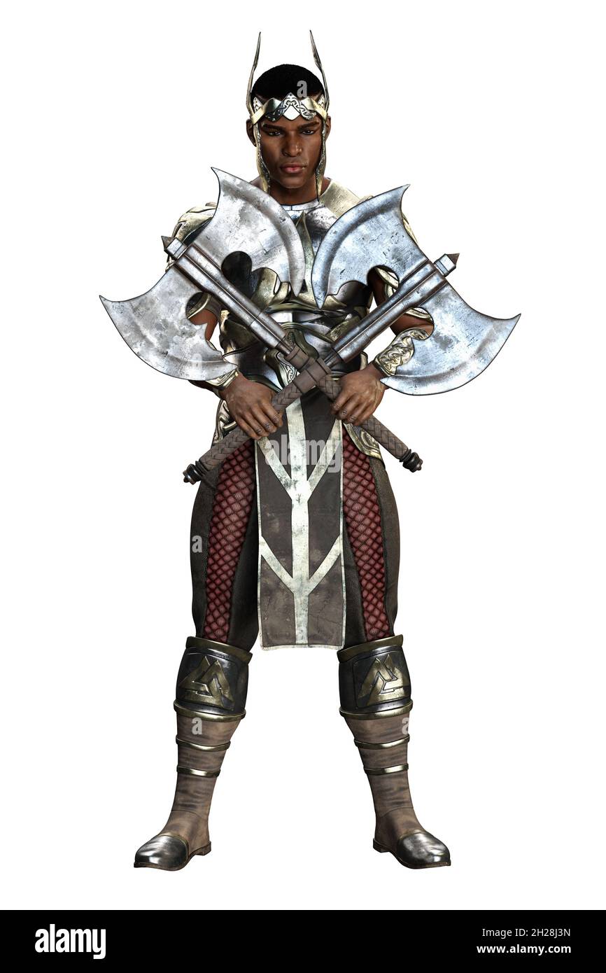 Medieval Fantasy POC Warrior King Man con spada su sfondo bianco isolato, illustrazione 3D, rendering 3D Foto Stock