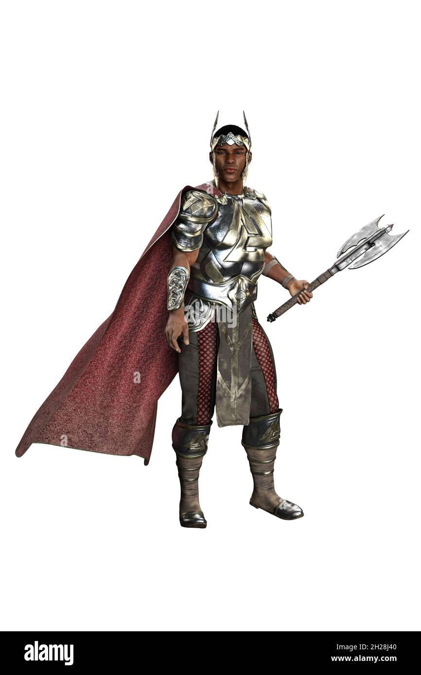 Medieval Fantasy POC Warrior King Man con spada su sfondo bianco isolato, illustrazione 3D, rendering 3D Foto Stock
