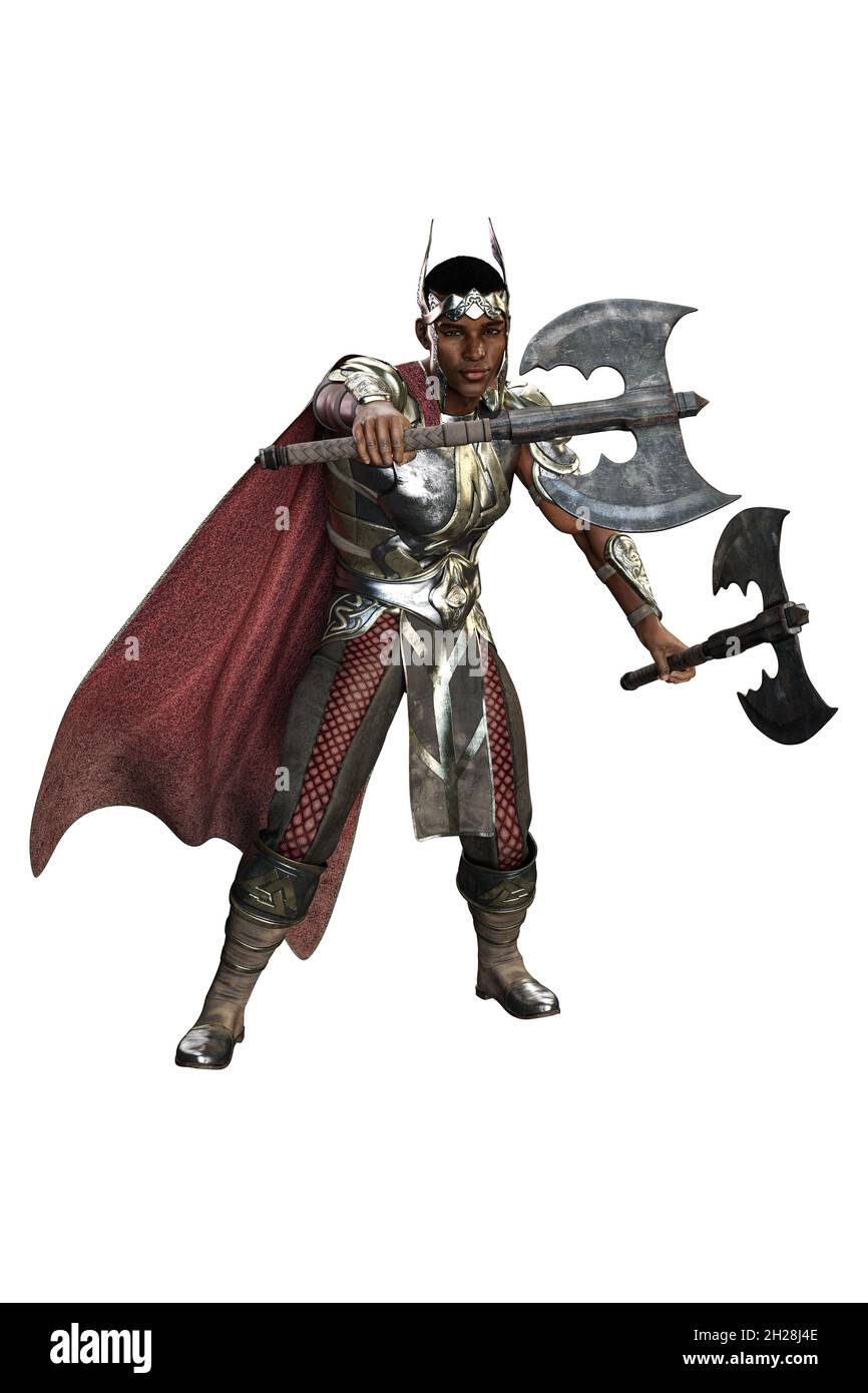 Medieval Fantasy POC Warrior King Man con spada su sfondo bianco isolato, illustrazione 3D, rendering 3D Foto Stock