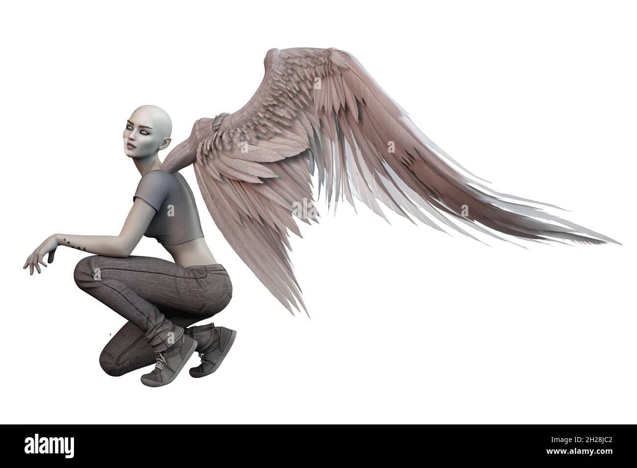 Angelo caduto con ali bianche Donna caucasica su sfondo bianco isolato, illustrazione 3D, rendering 3D Foto Stock