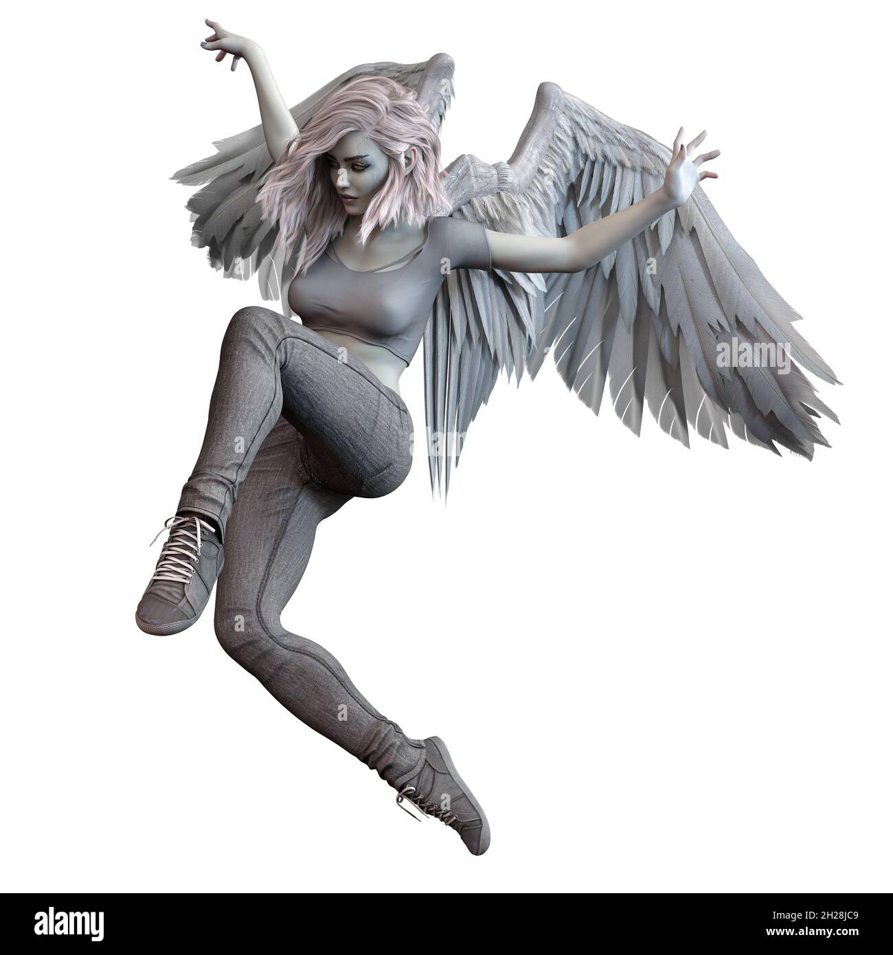 Angelo caduto con ali bianche Donna caucasica su sfondo bianco isolato, illustrazione 3D, rendering 3D Foto Stock