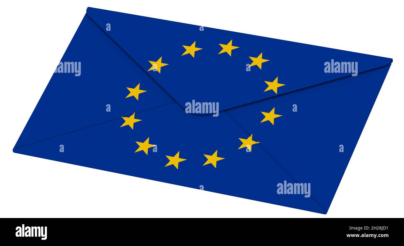 Busta chiusa con bandiera dell'Unione europea. Una busta bianca chiusa con la bandiera dell'Unione europea isolata su sfondo bianco. illustrazione 3d Foto Stock