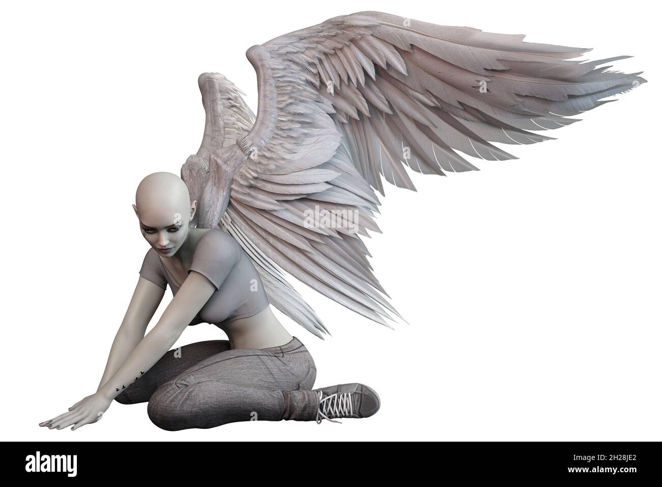 Angelo caduto con ali bianche Donna caucasica su sfondo bianco isolato, illustrazione 3D, rendering 3D Foto Stock