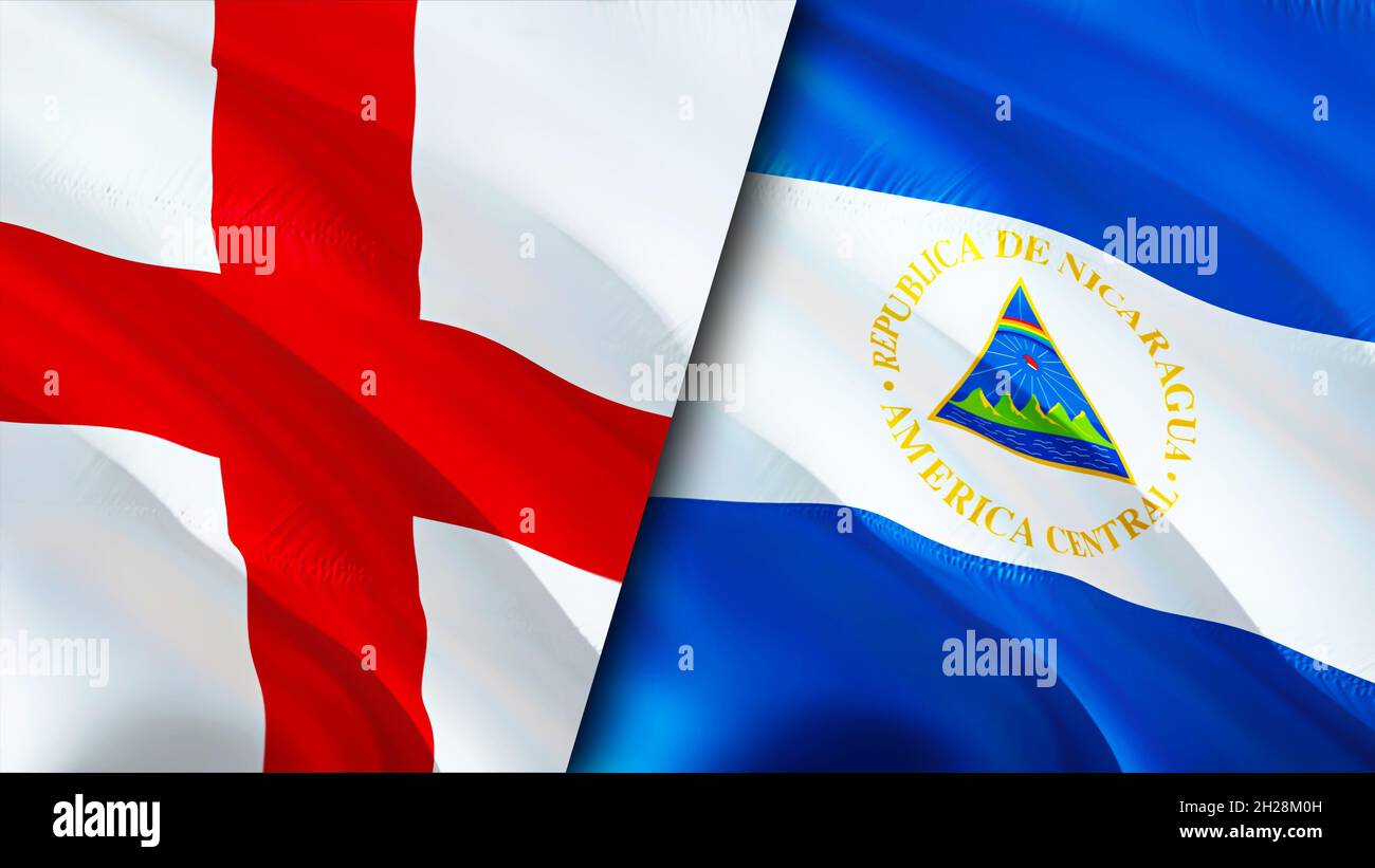 Bandiere di Inghilterra e Nicaragua. Progettazione di bandiere ondulate 3D. Nicaragua bandiera inglese, foto, carta da parati. Immagine Inghilterra vs Nicaragua, rendering 3D. Inghilterra Nicar Foto Stock