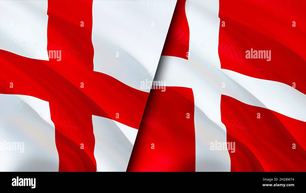 Bandiere di Inghilterra e Danimarca. Progettazione di bandiere ondulate 3D. Danimarca Inghilterra bandiera, foto, carta da parati. Immagine Inghilterra vs Danimarca,rendering 3D. Inghilterra Danimarca rel Foto Stock