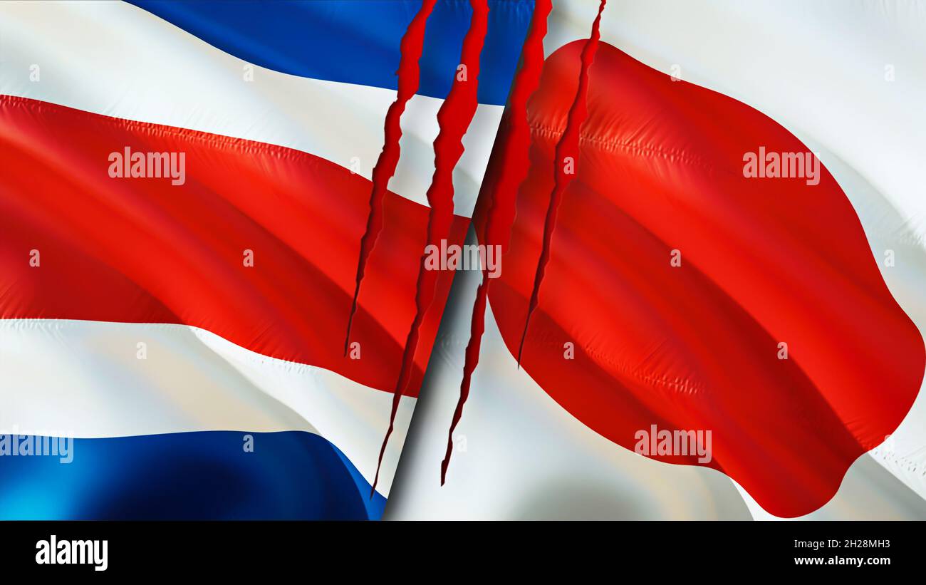 Bandiere del Costa Rica e del Giappone con concetto di cicatrice. Rendering 3D con flag di ondulazione. Costa Rica e Giappone conflitto concetto. Costa Rica Giappone relazioni concetto. fla Foto Stock