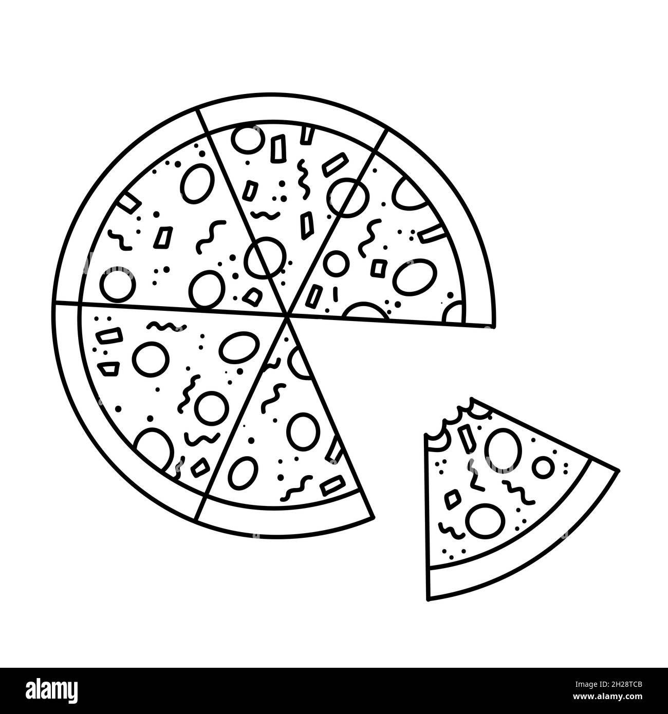 icona pizza. Illustrazione vettoriale in stile doodle isolato su sfondo bianco. Un segno tradizionale della cucina italiana. Icona del logo pizza fast food. Design Illustrazione Vettoriale