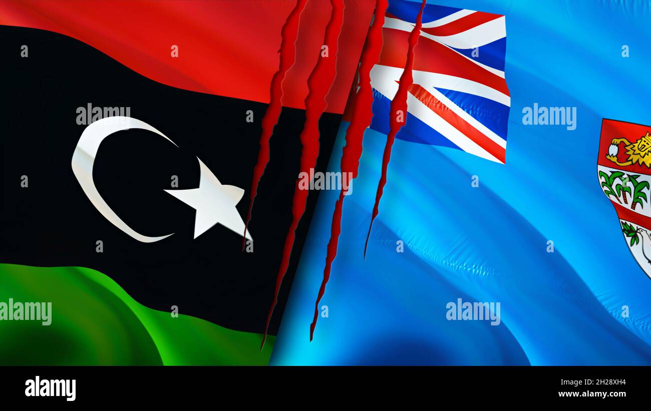 Bandiere libiche e Figi con concetto di cicatrice. Flag di ondulazione,rendering 3D. Figi e Libia concetto di conflitto. Libia Figi relazioni concetto. Bandiera di Libia e Fij Foto Stock