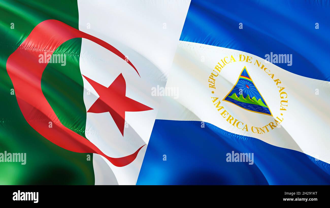 Bandiere di Algeria e Nicaragua. Progettazione di bandiere ondulate 3D. Algeria Nicaragua bandiera, foto, carta da parati. Immagine Algeria vs Nicaragua, rendering 3D. Algeria Nicar Foto Stock