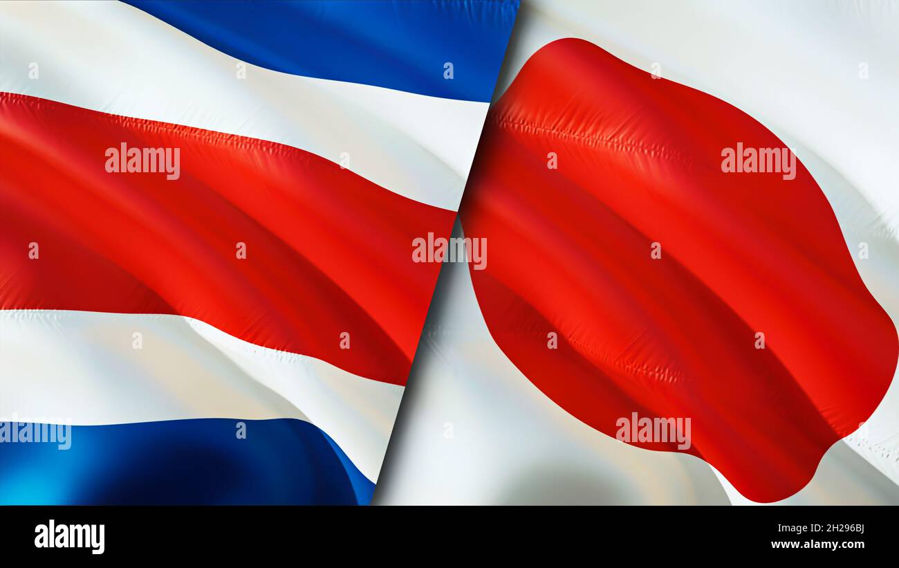 Bandiere del Costa Rica e del Giappone. Progettazione di bandiere ondulate 3D. Costa Rica Giappone bandiera, foto, carta da parati. Immagine Costa Rica vs Giappone, rendering 3D. Costa Rica Giappone Foto Stock
