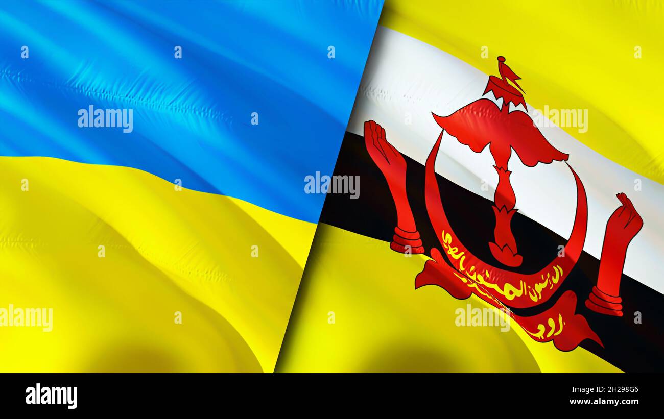 Bandiere di Ucraina e Brunei. Progettazione di bandiere ondulate 3D. Ucraina bandiera Brunei, foto, carta da parati. Ukraine vs immagine Brunei,rendering 3D. Ucraina Brunei relatio Foto Stock