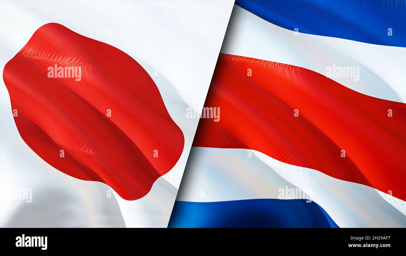 Bandiere del Giappone e del Costa Rica. Progettazione di bandiere ondulate 3D. Giappone Costa Rica bandiera, foto, carta da parati. Immagine Giappone vs Costa Rica, rendering 3D. Giappone Costa Rica Foto Stock