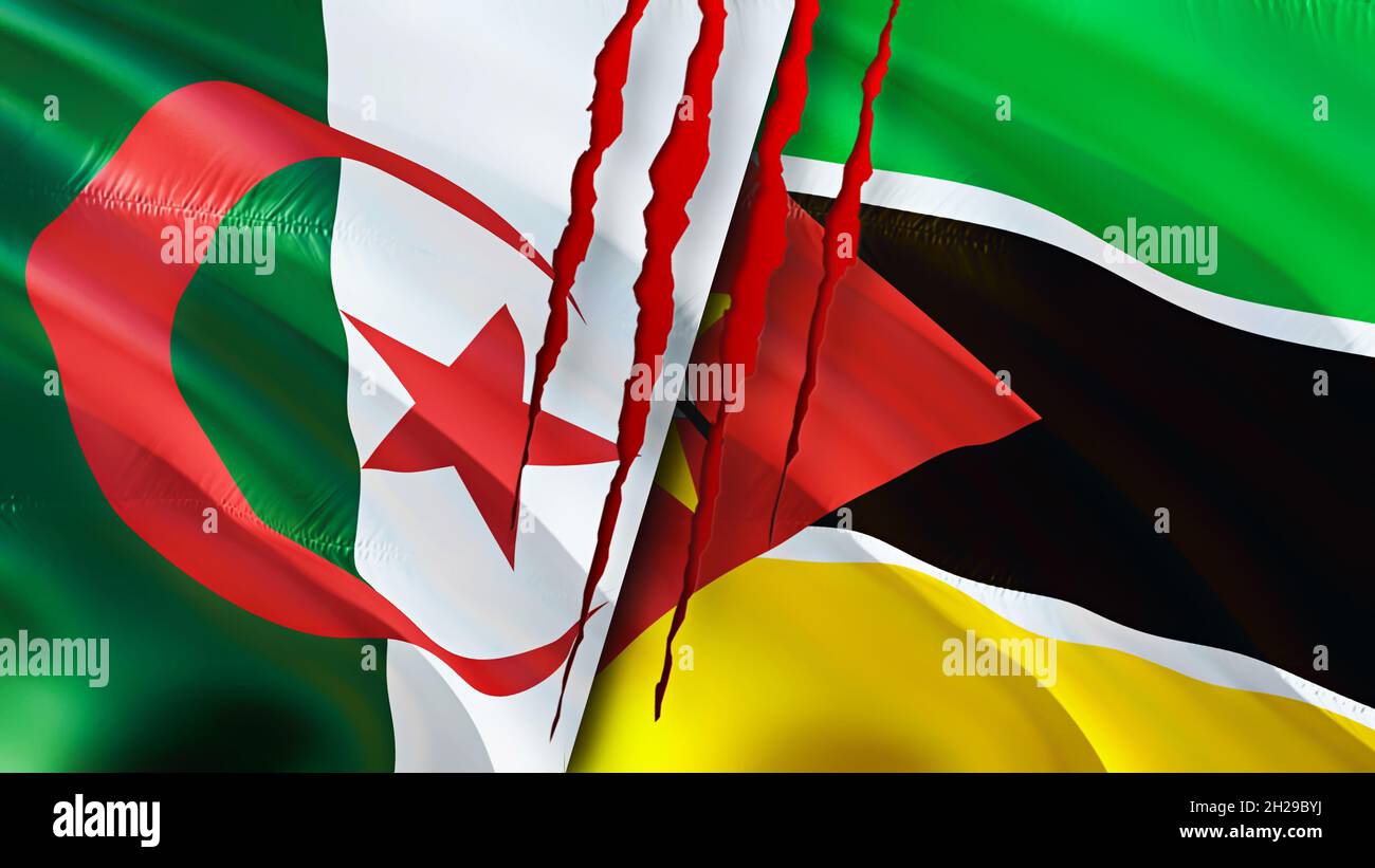 Bandiere di Algeria e Mozambico con concetto di cicatrice. Rendering 3D con flag di ondulazione. Concetto di conflitto in Algeria e Mozambico. Algeria Mozambico relazioni concep Foto Stock