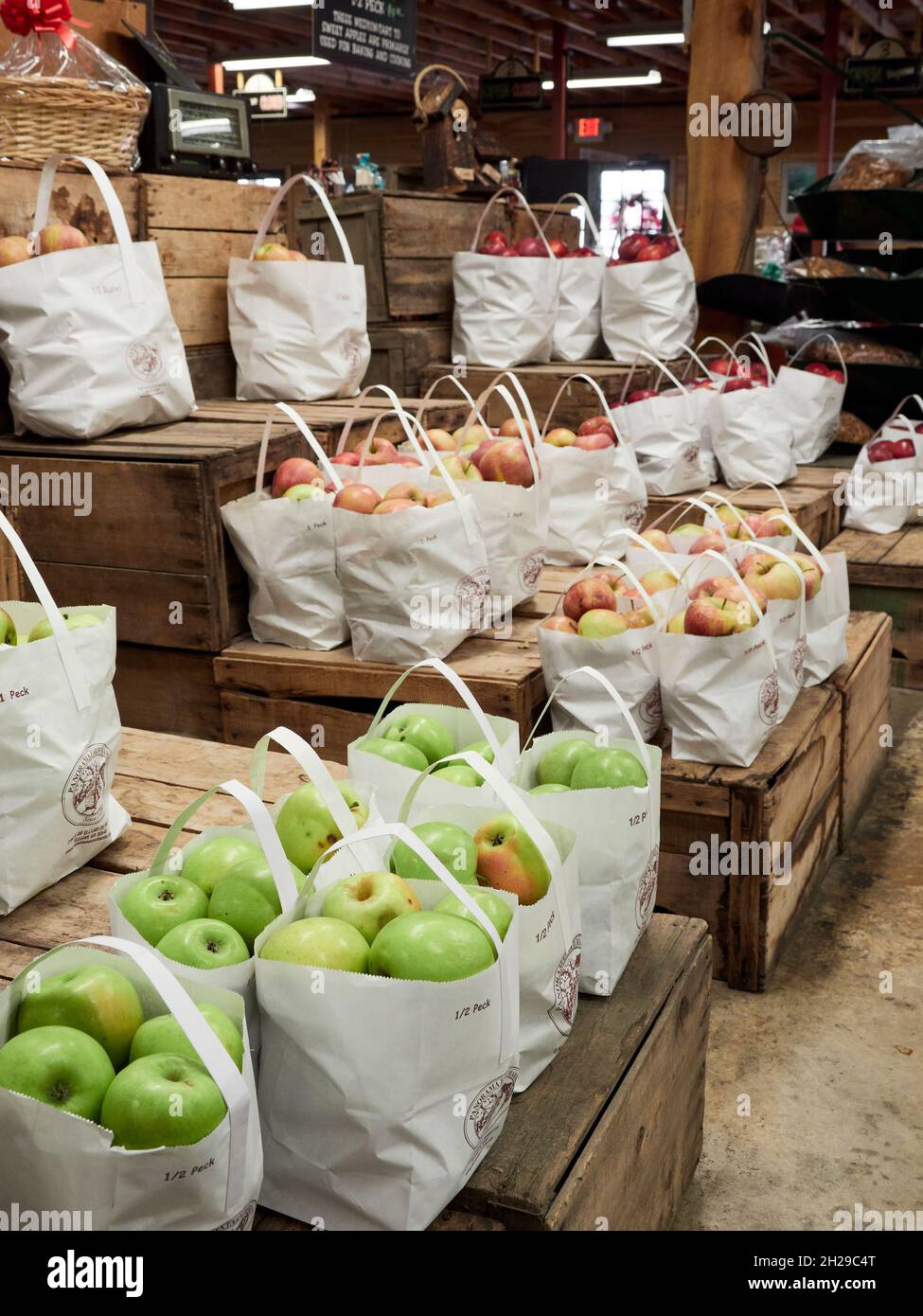 Mele verdi e rosse appena raccolte in sacchi in vendita sul mercato agricolo di Ellijay, Georgia, USA. Foto Stock