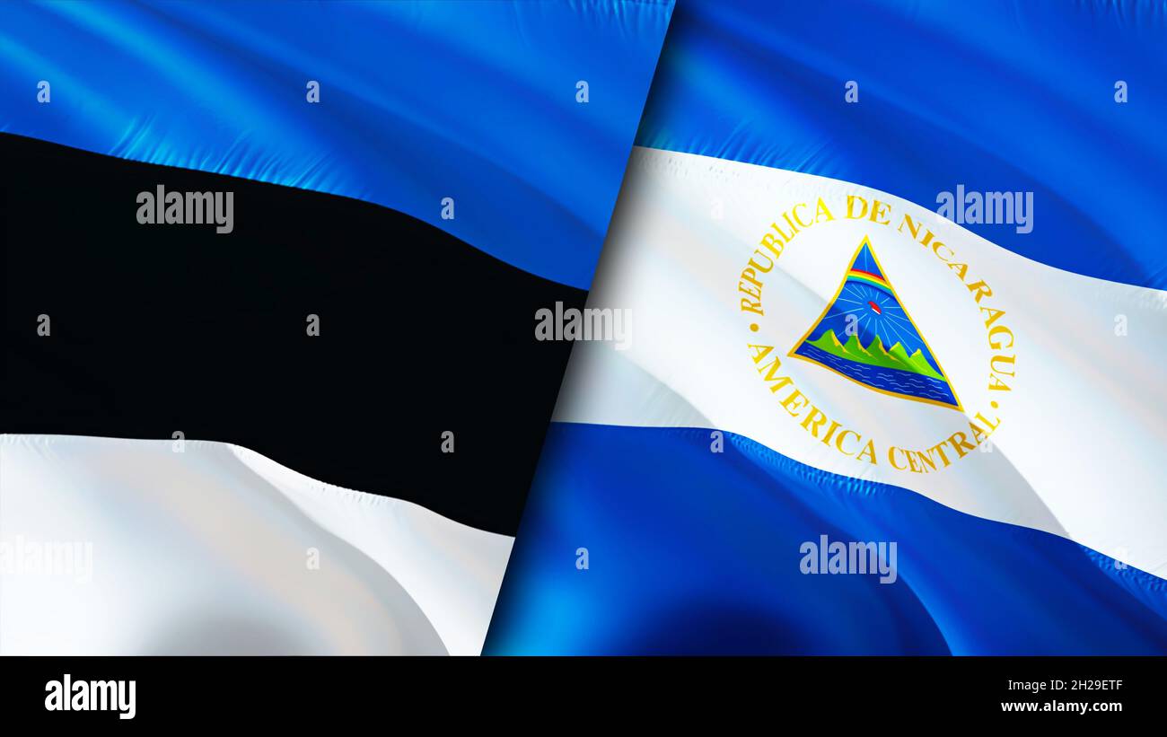 Bandiere dell'Estonia e del Nicaragua. Progettazione di bandiere ondulate 3D. Nicaragua Estonia bandiera, foto, carta da parati. Immagine Estonia vs Nicaragua, rendering 3D. Estonia Nicar Foto Stock