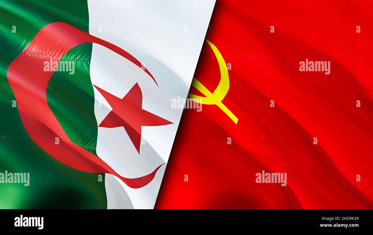 Bandiere dell'Algeria e dell'Unione Sovietica. Progettazione di bandiere ondulate 3D. Algeria bandiera dell'Unione Sovietica, foto, carta da parati. Immagine Algeria vs Unione Sovietica, rendering 3D. Alge Foto Stock