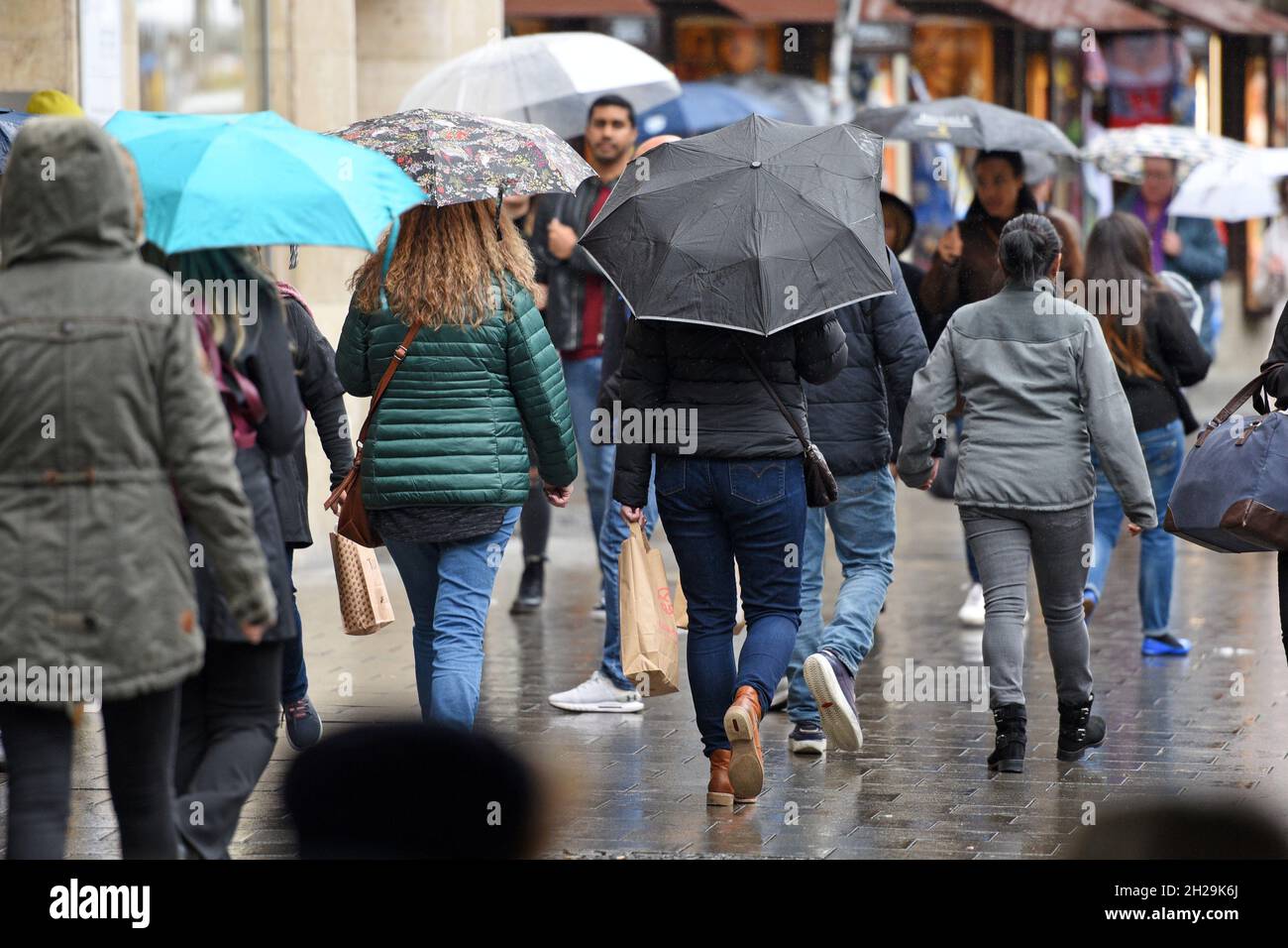 Viele Regenschirme in einer Fußgängerzone in München (Germania) - molti ombrelloni in una zona pedonale a Monaco (Germania) Foto Stock
