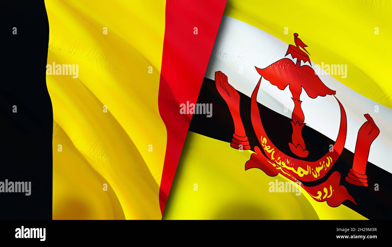 Bandiere del Belgio e del Brunei. Progettazione di bandiere ondulate 3D. Belgio bandiera Brunei, foto, carta da parati. Immagine Belgio vs Brunei, rendering 3D. Belgio Brunei relatio Foto Stock