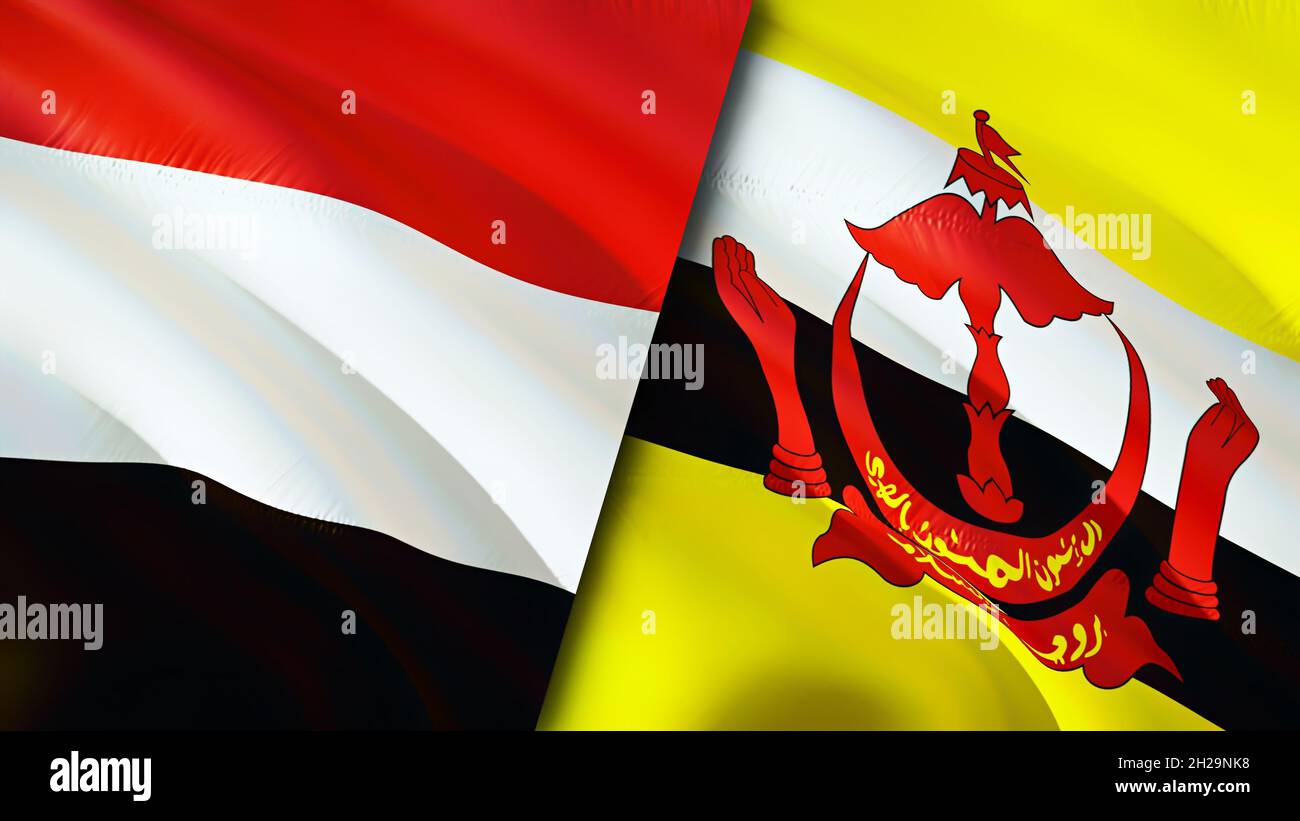 Bandiere Yemen e Brunei. Progettazione di bandiere ondulate 3D. Bandiera dello Yemen Brunei, foto, carta da parati. Immagine Yemen vs Brunei, rendering 3D. Yemen Brunei relazioni allia Foto Stock