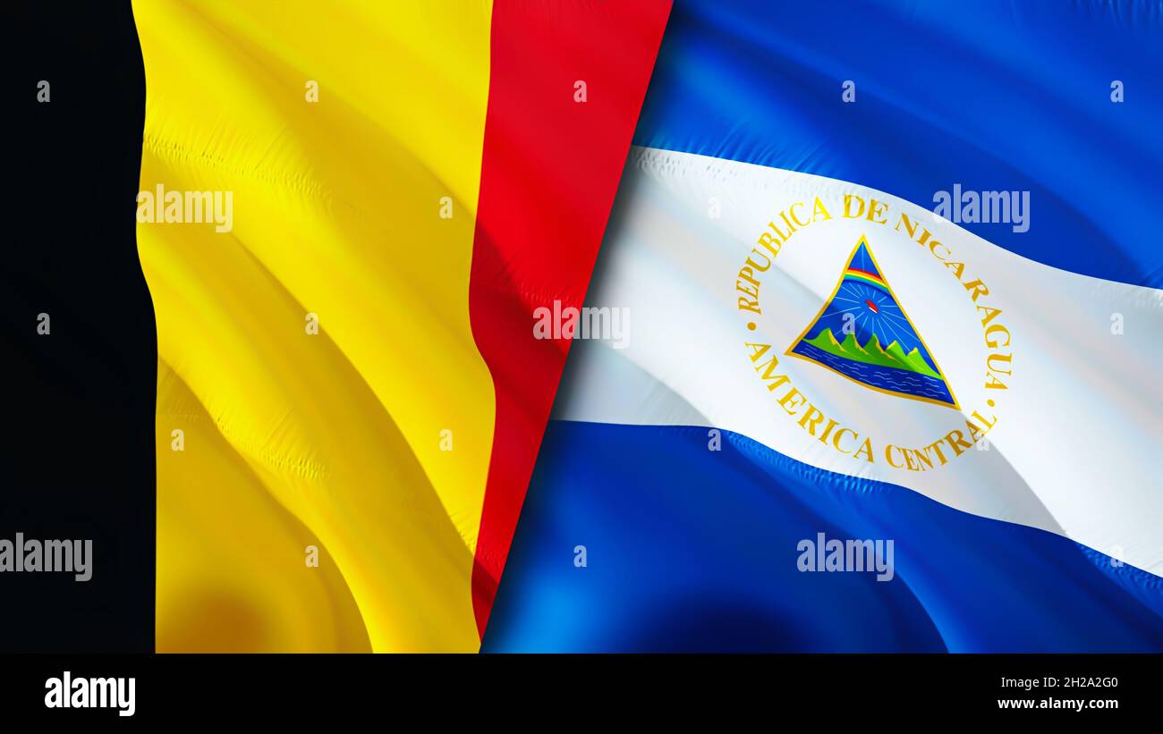 Bandiere del Belgio e del Nicaragua. Progettazione di bandiere ondulate 3D. Belgio bandiera Nicaragua, foto, carta da parati. Immagine Belgio vs Nicaragua, rendering 3D. Belgio Nicar Foto Stock