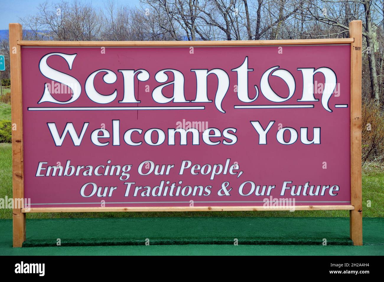 Scranton, Pennsylvania, Stati Uniti. Un cartello reso famoso dal suo uso nel famoso spettacolo televisivo, 'The Office', in mostra nel centro commerciale Steamtown. Foto Stock