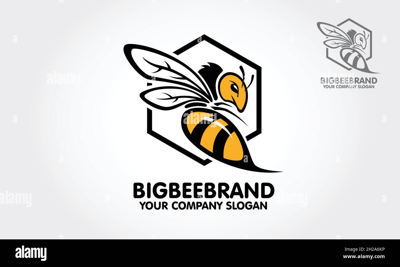 Modello di logo Big Bee Brand Vector. Questo è un personaggio cartoon con logo Big Bee. Cartello d'ape decorativo. Illustrazione del logo Vector. Illustrazione Vettoriale