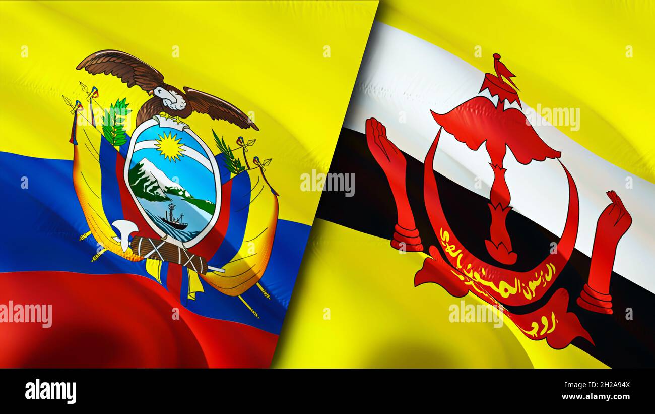 Bandiere Ecuador e Brunei. Progettazione di bandiere ondulate 3D. Ecuador bandiera Brunei, foto, carta da parati. Ecuador vs immagine Brunei,rendering 3D. Ecuador Brunei relatio Foto Stock