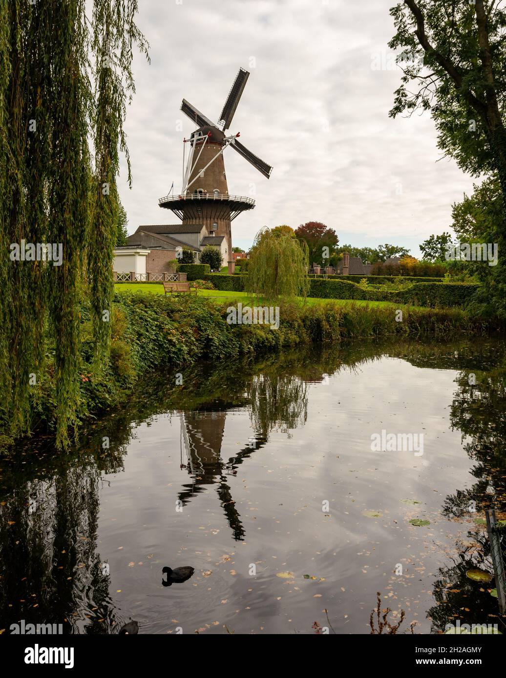 Storico mulino a vento olandese nella città di Ravenstein riflesso nel canale Foto Stock