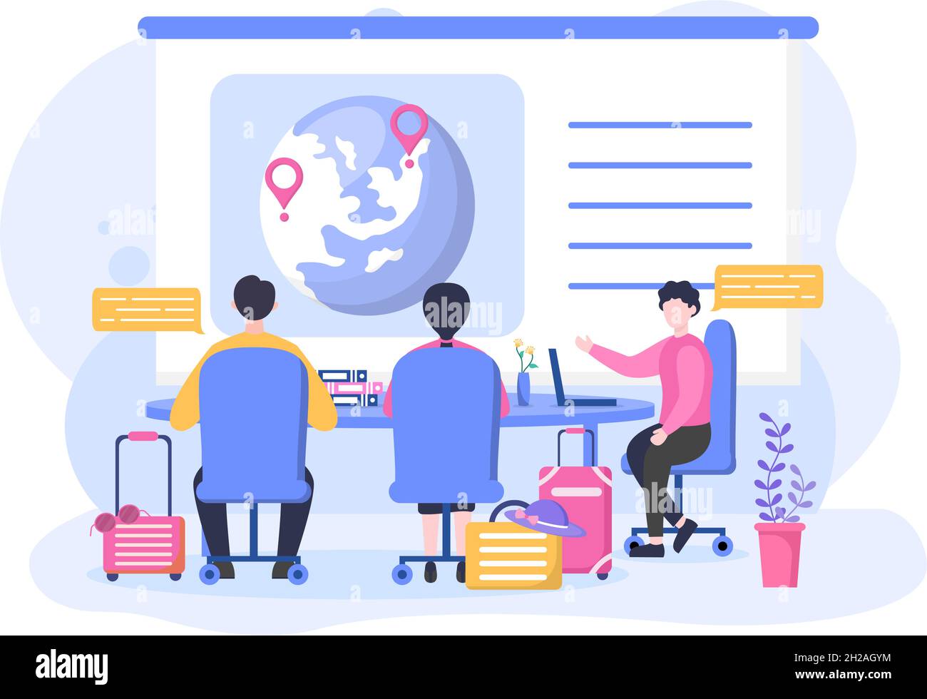 Agenzia di viaggio sfondo Vector illustrazione. La gente visita i punti di riferimento di queste attrazioni turistiche famose in tutto il mondo usando l'aereo, l'automobile o la barca Illustrazione Vettoriale