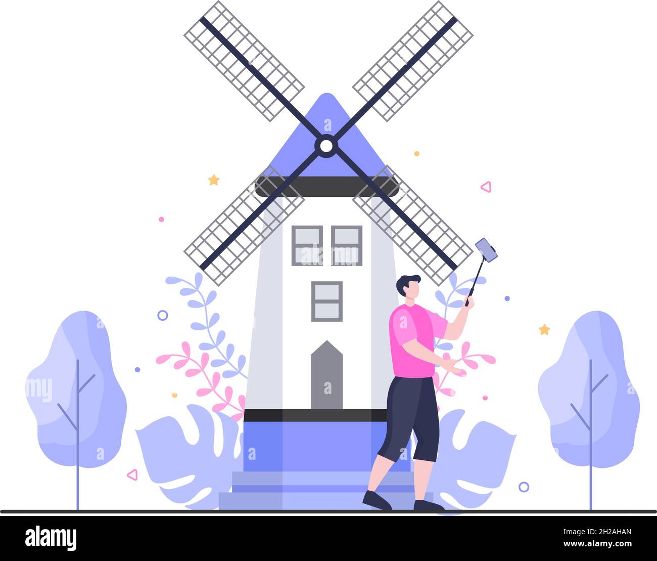Viaggiare a Netherland background Vector Illustrazione. Tempo per visitare i punti di riferimento icone di queste famose attrazioni turistiche del Paese Illustrazione Vettoriale