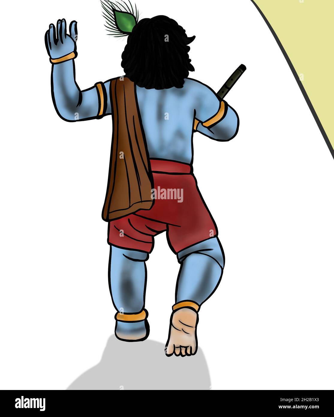 Vista posteriore del toddler camminante o di bala Signore shri Krishna con fluite in mano. Foto Stock