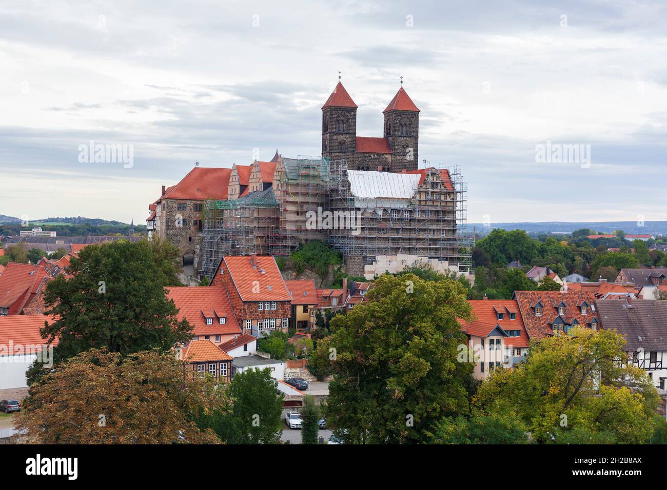 Ristrutturazione di Schlossberg con Collegiata di San Servatio e Castello, cantiere, Quedlinburg, Sassonia-Anhalt, Germania, Europa Foto Stock