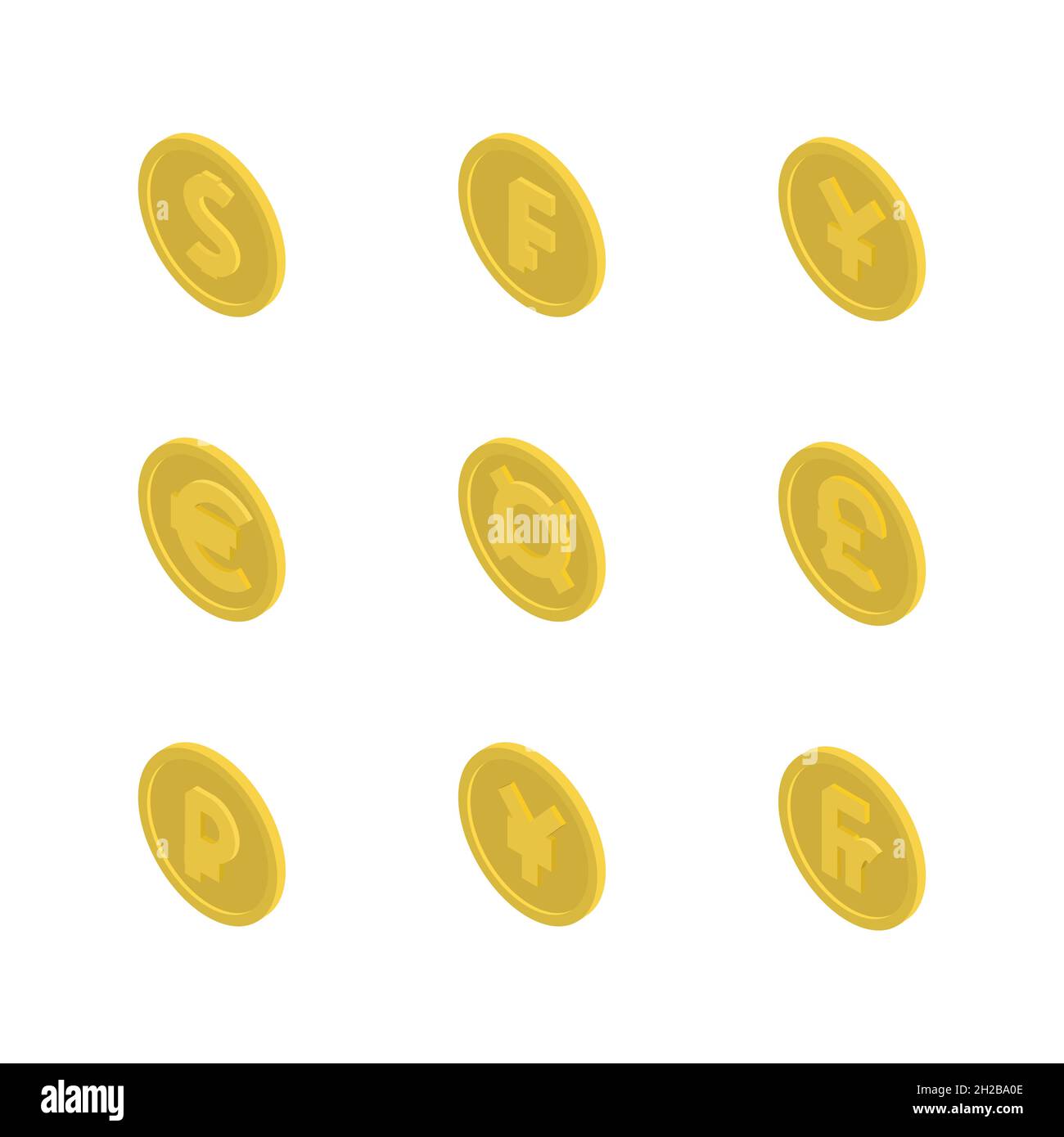 Set di monete d'oro con simboli delle valute del mondo. Stile isometrico 3D piatto, illustrazione vettoriale. Illustrazione Vettoriale