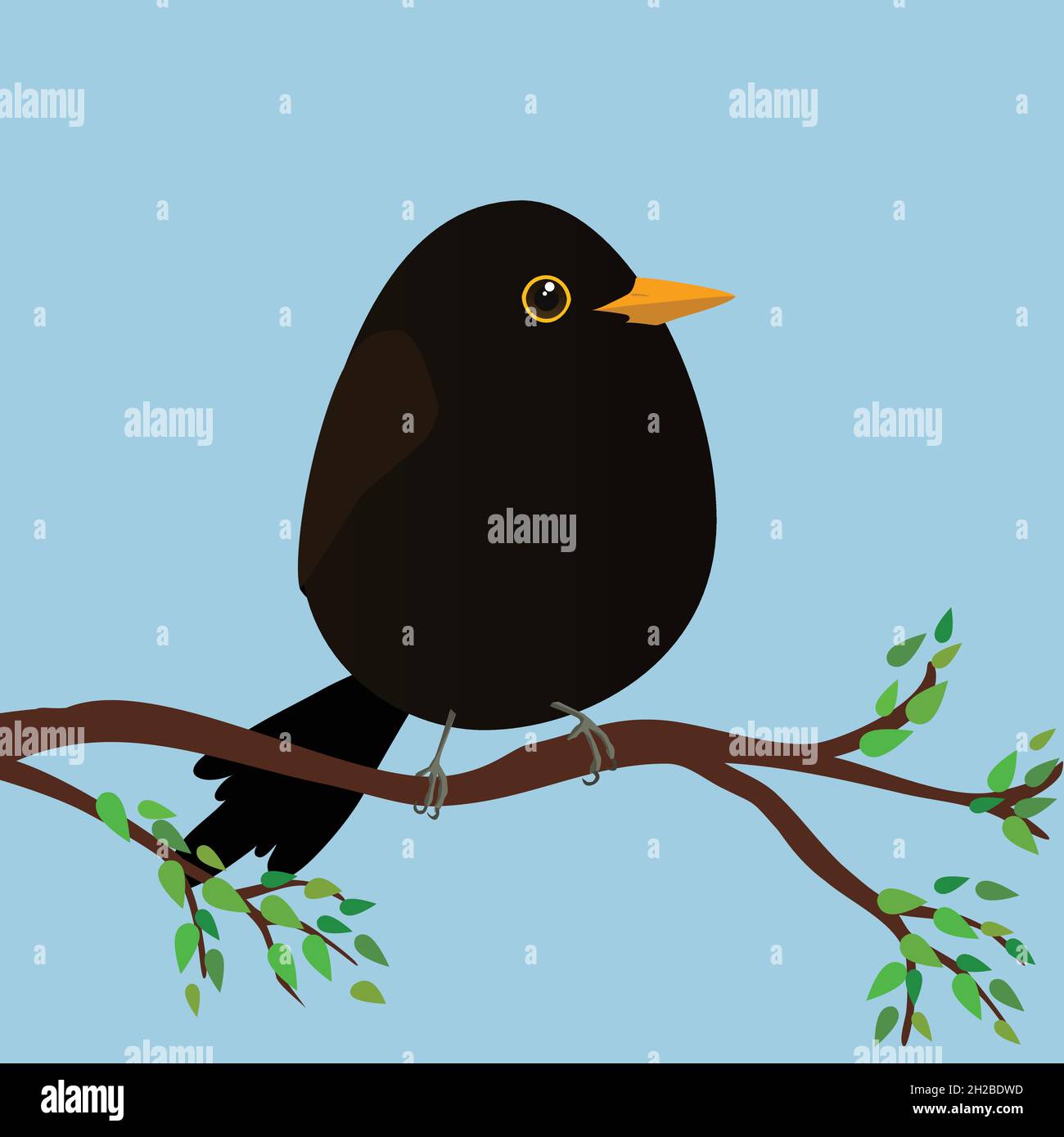 Un uccello nero molto carino a forma di uovo. Sfondo blu. L'uccello siede su un ramo con foglie verdi. Illustrazione Vettoriale